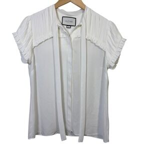 ALEXIS Womens Blouse Large White Pleated Ruffle Tie Neck Short Sleeve Coquette